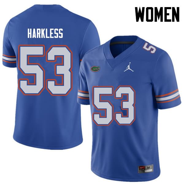 Women's NCAA Florida Gators Kavaris Harkless #53 Stitched Authentic Jordan Brand Royal College Football Jersey MNT7765SZ